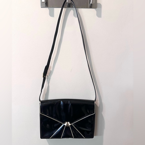 Bally Black Patent Leather Envelope 2-Way Shoulder & Clutch • Art Deco •Vintage - Picture 3 of 14